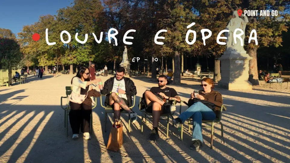 Miniatura do episódio Louvre e Ópera: os amigos sentados num jardim de Paris